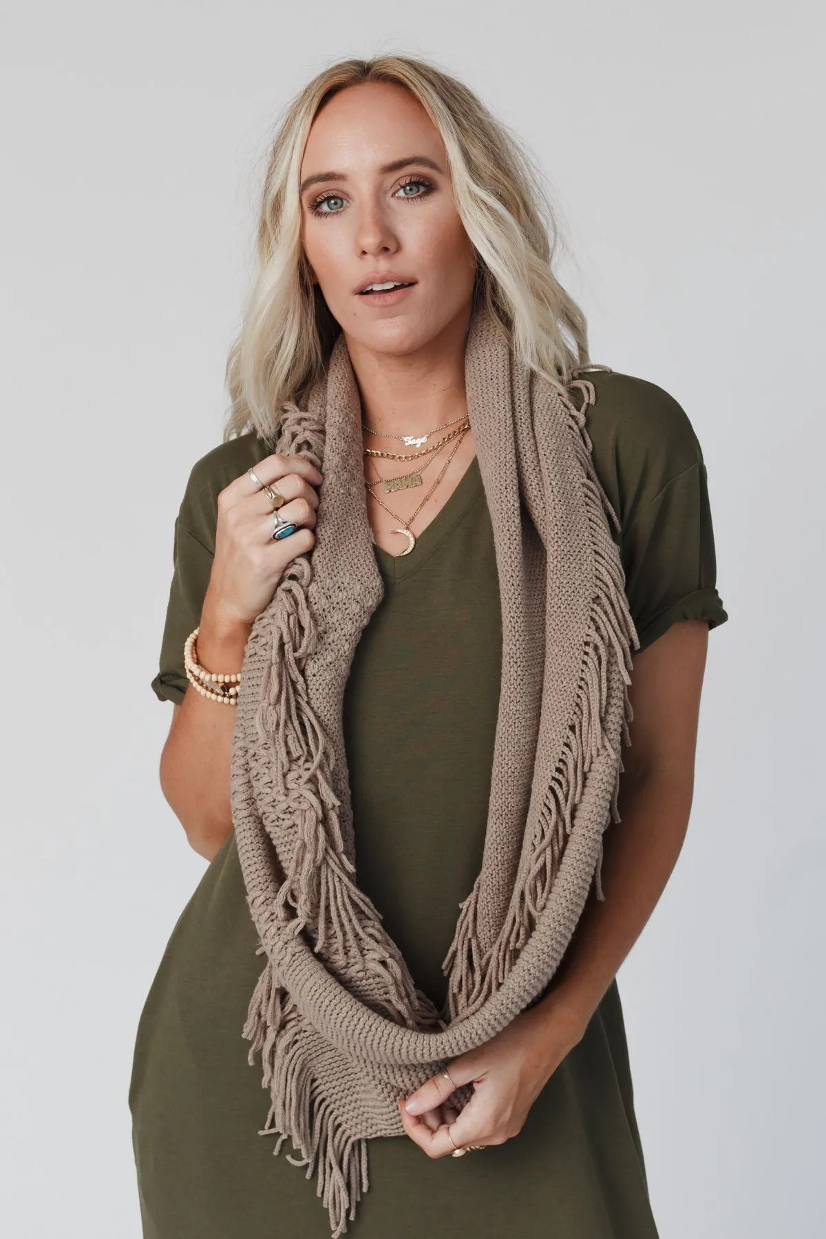 Sweet Dreams Fringe Infinity Scarf - Mocha