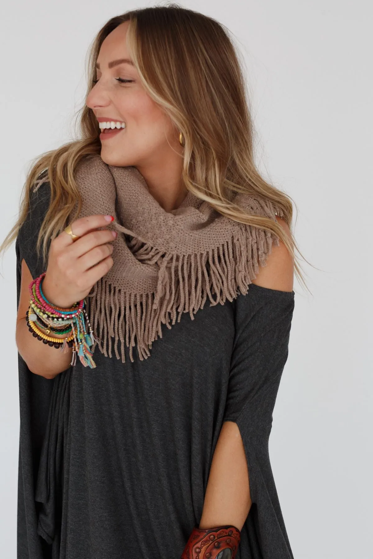 Sweet Dreams Fringe Infinity Scarf - Mocha