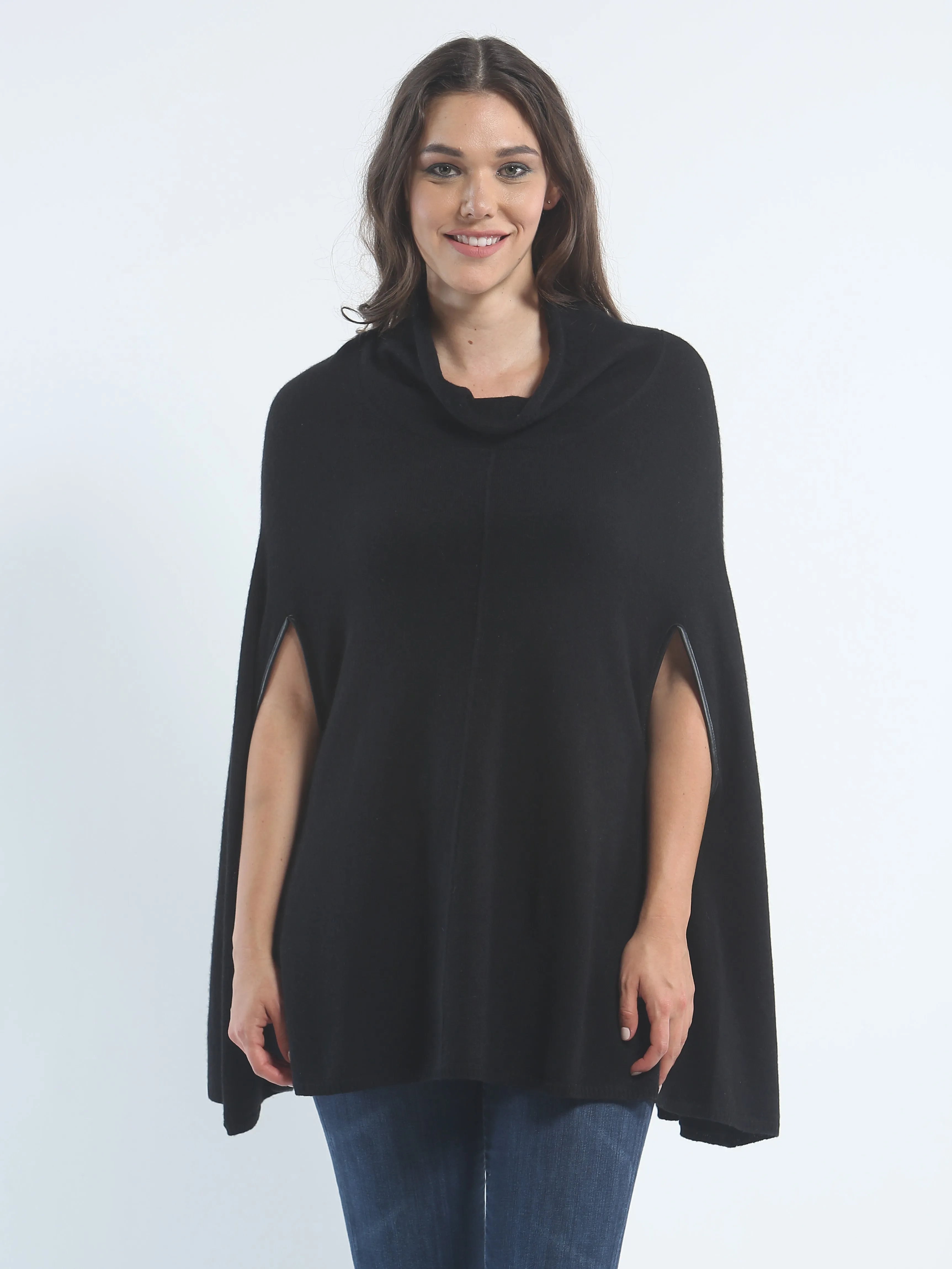 Turtleneck Poncho with Leather Trim