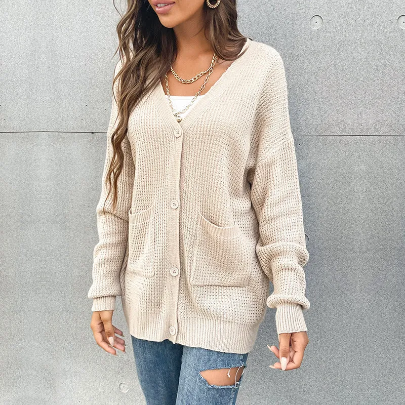 V-Neck Button Pocket Cardigan Knitted Sweater Coat Women Wholesale