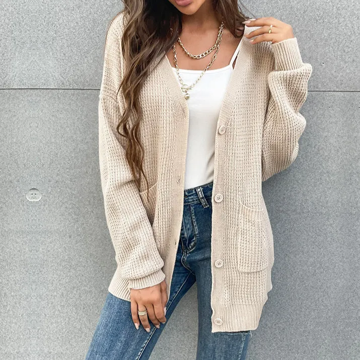 V-Neck Button Pocket Cardigan Knitted Sweater Coat Women Wholesale