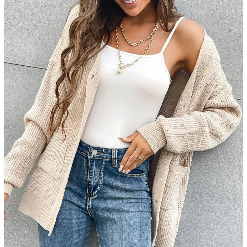 V-Neck Button Pocket Cardigan Knitted Sweater Coat Women Wholesale