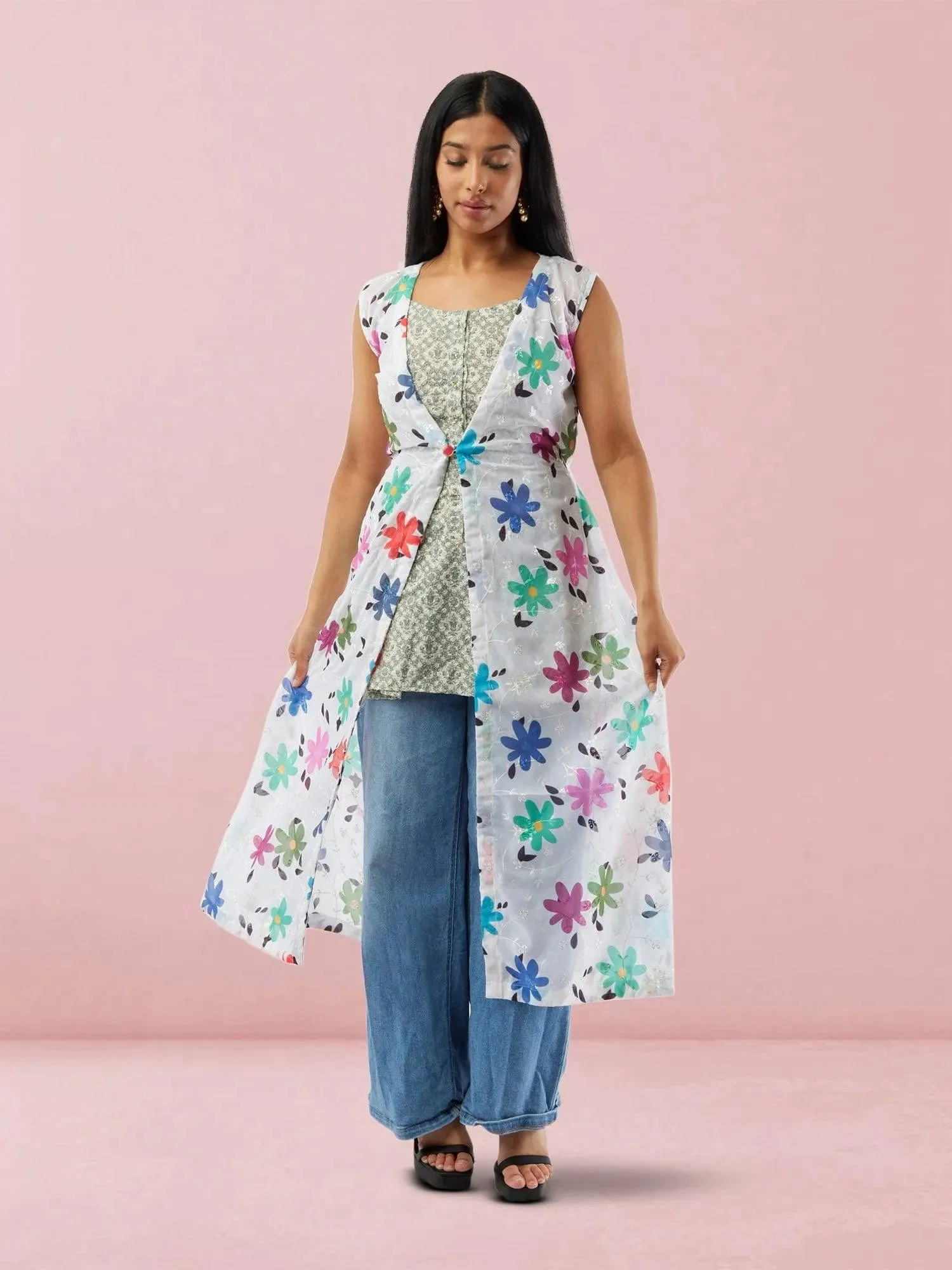 White Floral Print Chiffon Below Knee Length Overcoat | Indo Western Dress