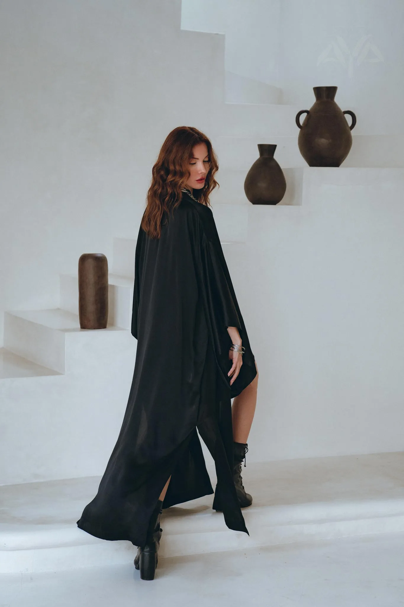 Wide Sleeve Bohemian Kaftan Cardigan • Black Peace Silk Kimono Robe