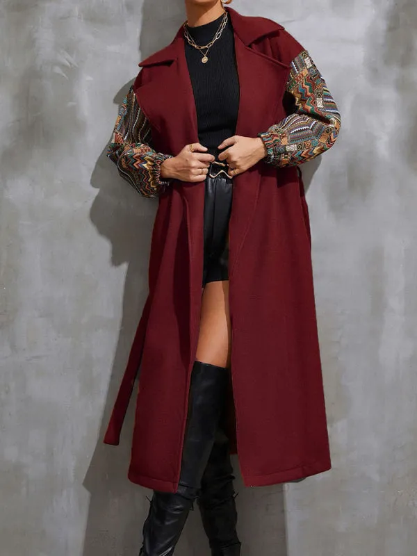 Women’s Long Length Collared Overcoat With Patchwork Sleeves And Front Waist Tie Belt