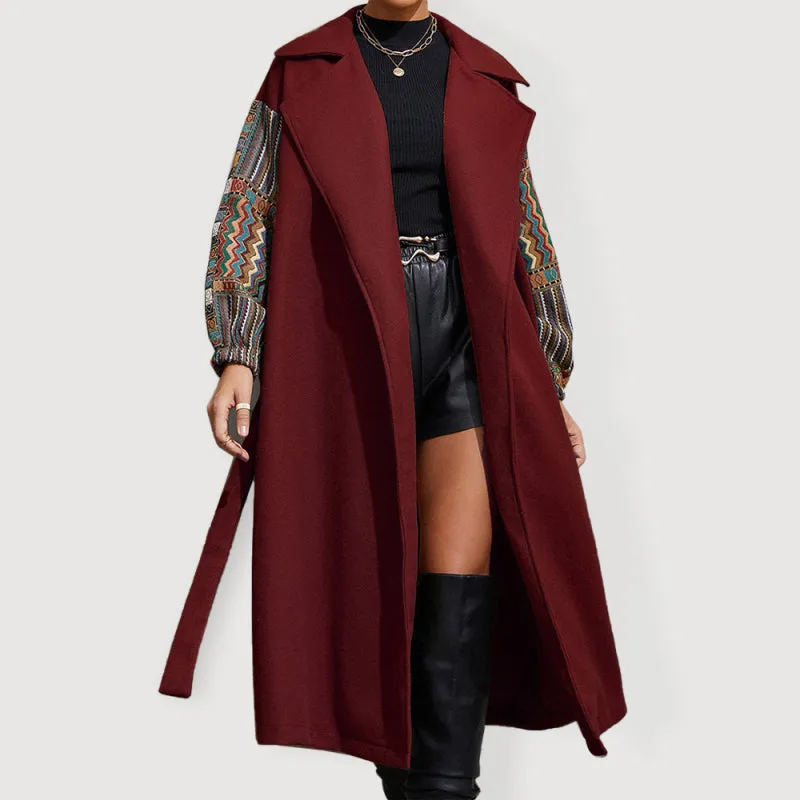 Women’s Long Length Collared Overcoat With Patchwork Sleeves And Front Waist Tie Belt